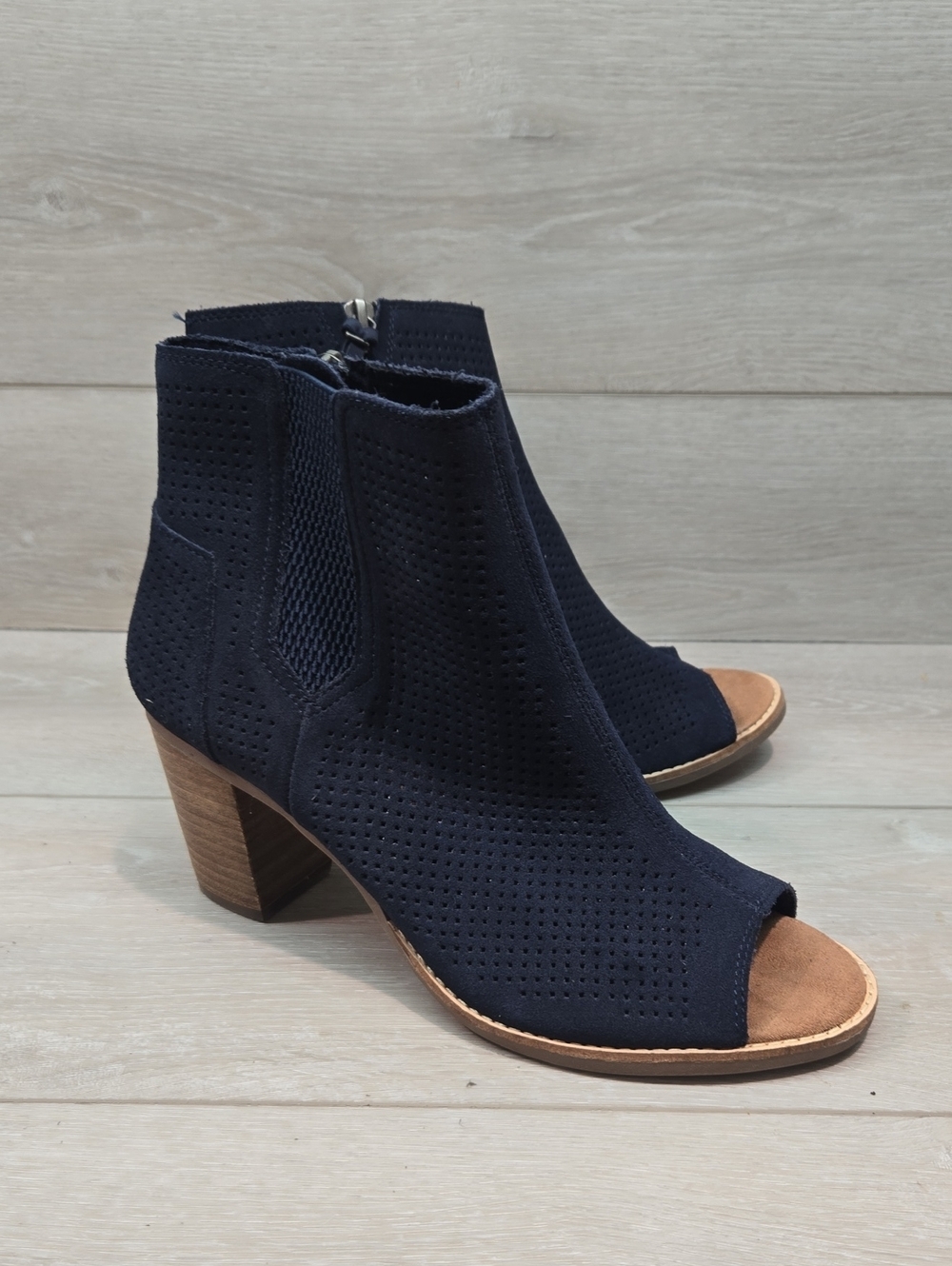 Toms Women's Majorca Navy Peep-Toe Block Heel Ankle Boots Shoes Sz 10